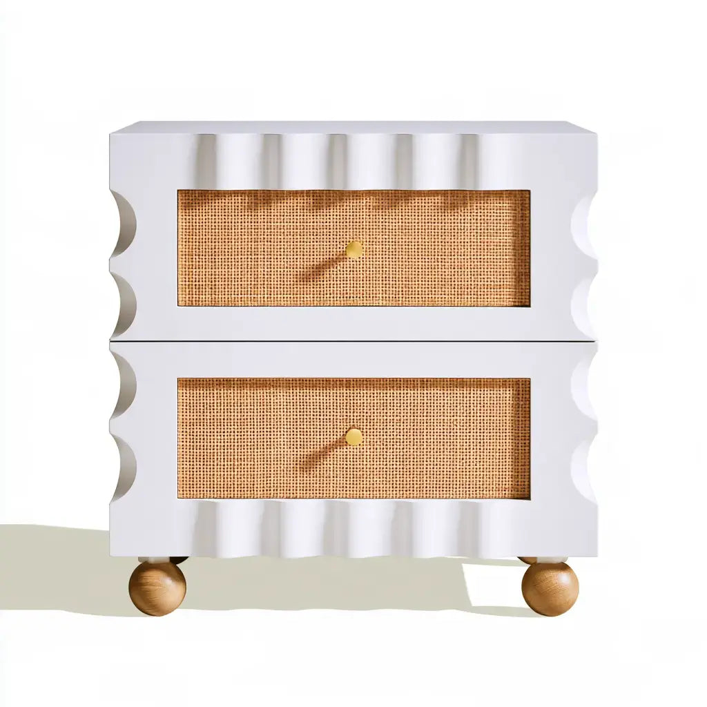 Mesita de noche con dos cajones y laterales ondulados - blanco/beige