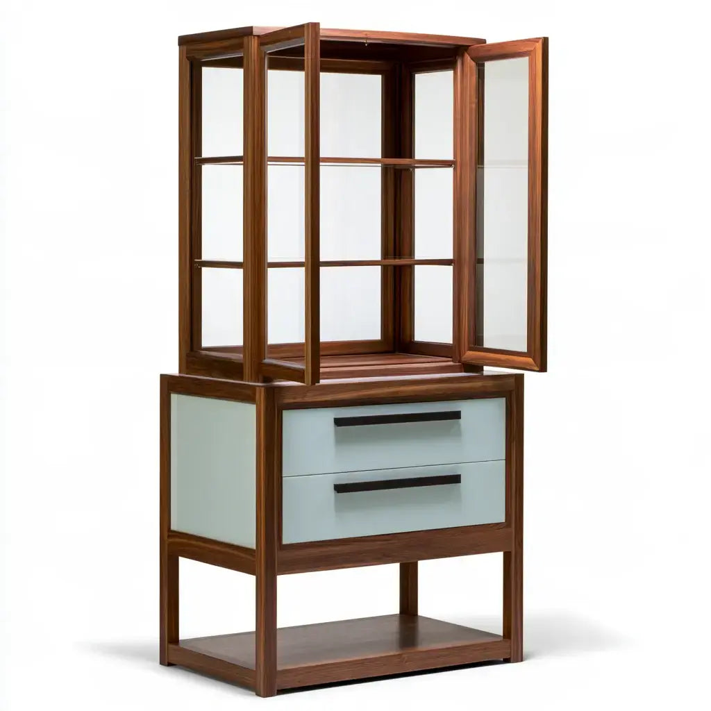 Vitrina con puertas transparentes y cajones - marrón/azul