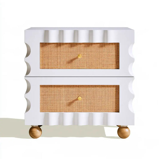 Mesita de noche con dos cajones y laterales ondulados - blanco/beige