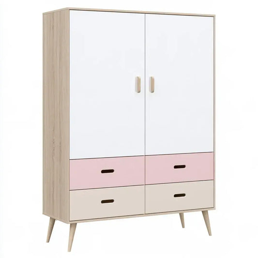Armario con puertas lisas y cajones contrastados - blanco/rosa/beige