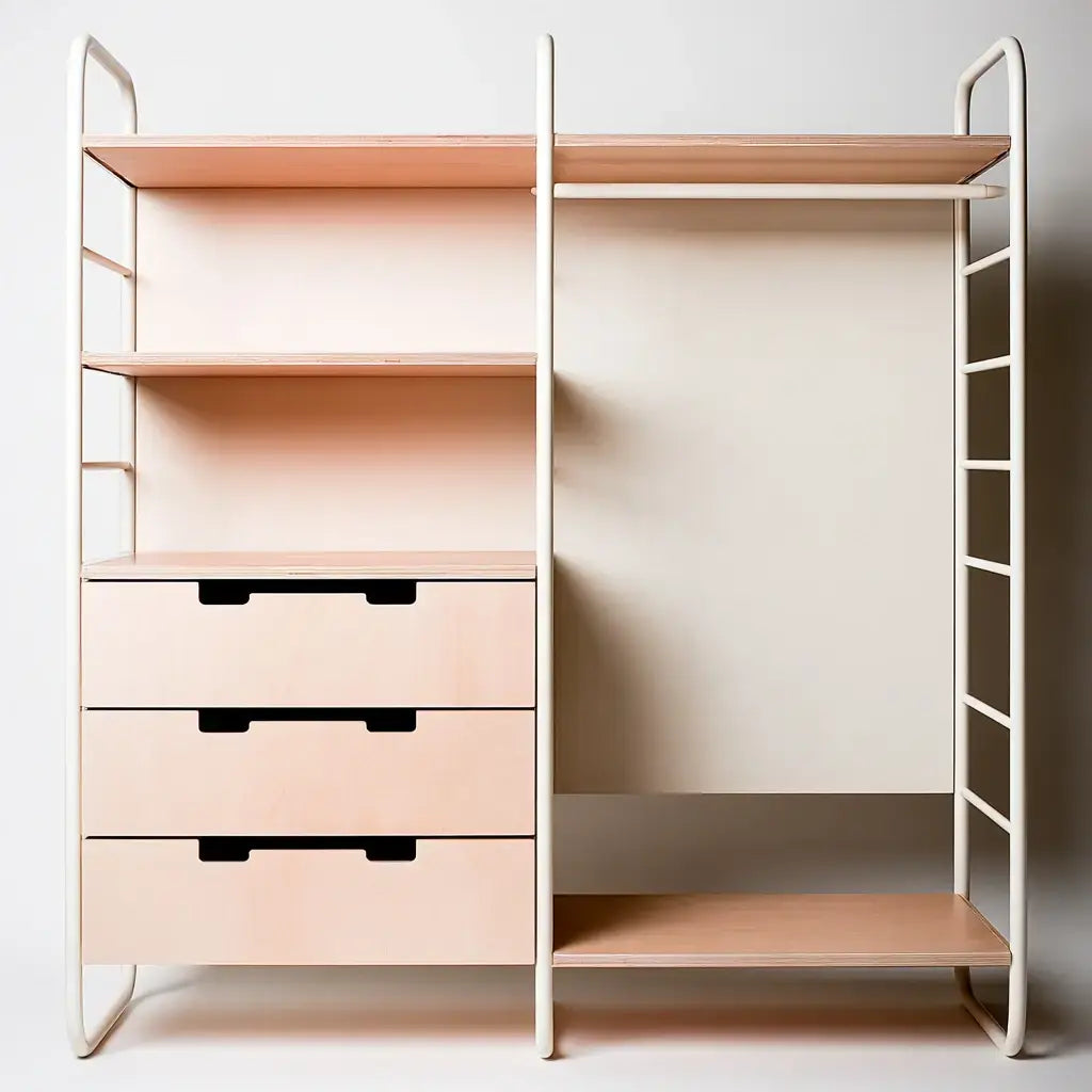 Perchero con estructura abierta y cajonera lateral - rosa/blanco