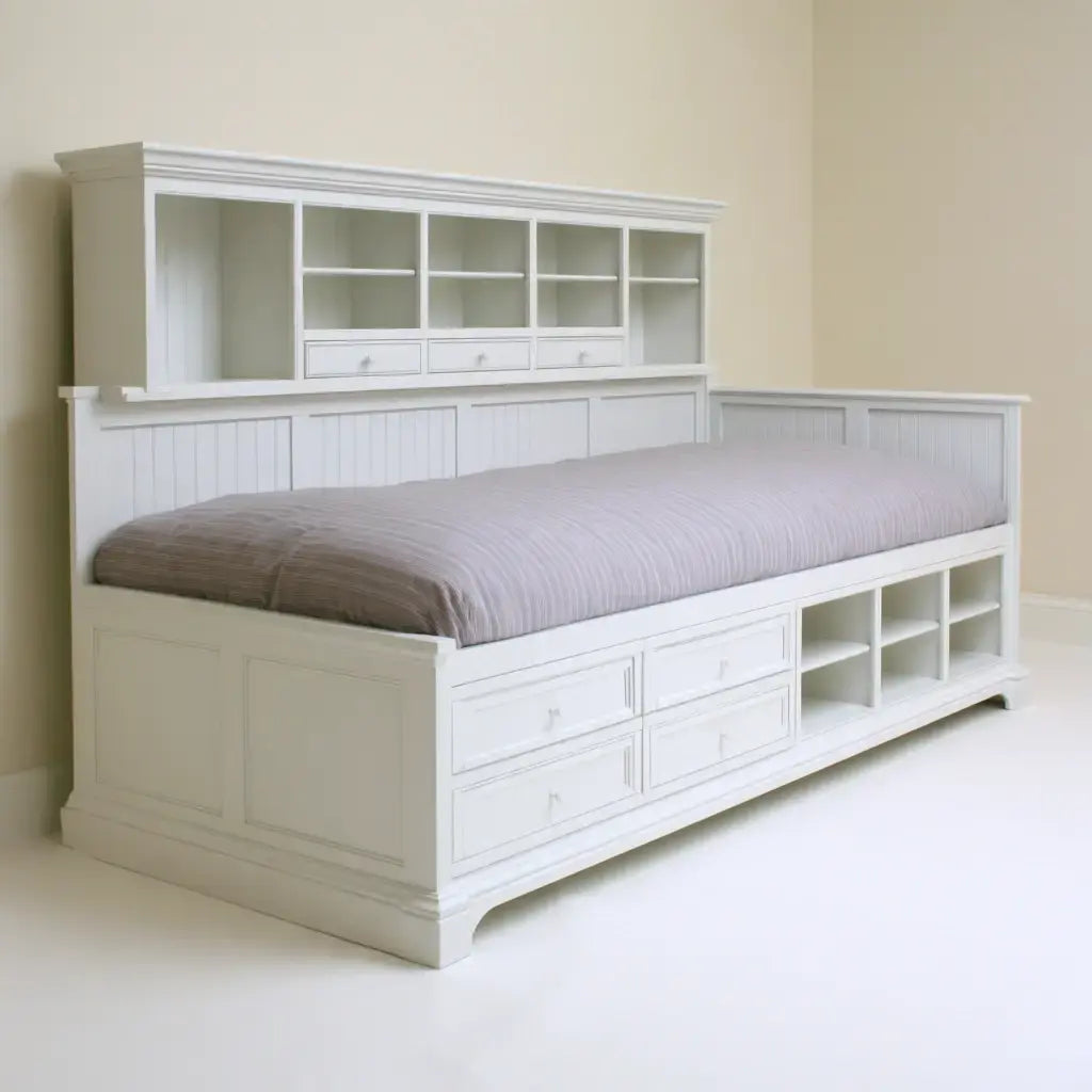 Cama con cabecero de nichos y base compartimentada - blanco